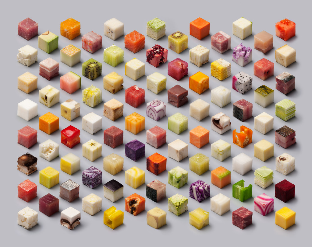 Dutch newspaper De Volkskrant asked us to make a photograph for their documentary photography special, with the theme Food. We transformed unprocessed food into perfect cubes of 2,5 x 2,5 x 2,5 cm.